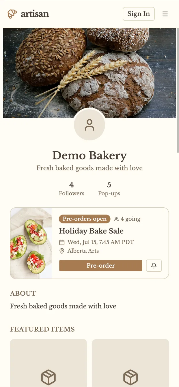 A storefront on Artisan viewed on a phone — one link for your bio